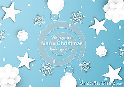 Christmas decoration on blue background in paper cut and craft w Vector Illustration