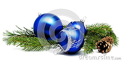 Christmas decoration blue balls with fir cones and fir tree bran Stock Photo