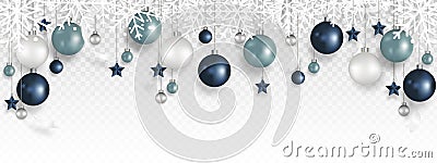 Christmas decoration border with White snowflake, Christmas ball, and Ribbon hanging on transparent background. Vector Illustration