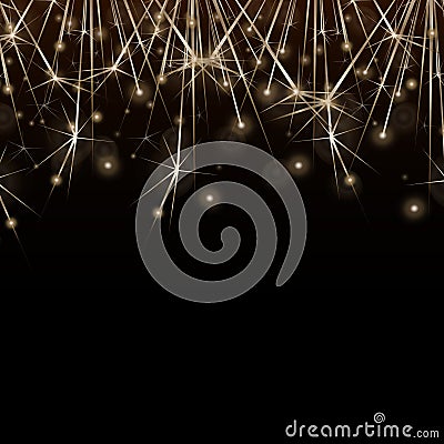 Christmas decoration. Celebration. Realistic sparkler lights isolated on black. Bright fireworks. Glittering stream of golden Vector Illustration