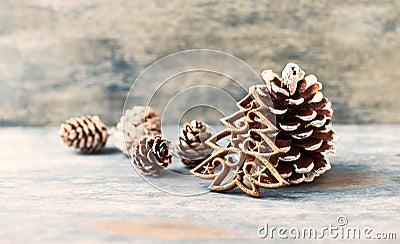 Christmas decoration. Christmas tree. Christmas ornament on rustic wooden background. Stock Photo