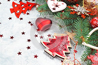 Christmas decoration collection: hearts, branches, Christmas candy, Christmas tree, balls, angel, bell, top view Stock Photo