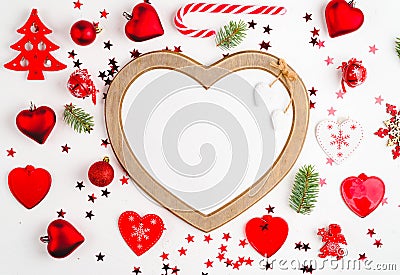 Christmas decoration collection: hearts, branches, Christmas candy, Christmas tree, balls, angel, bell, top view Stock Photo