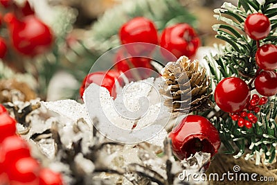 Christmas Decoration, Decorative Pine Cone Red Berry Stock Photo