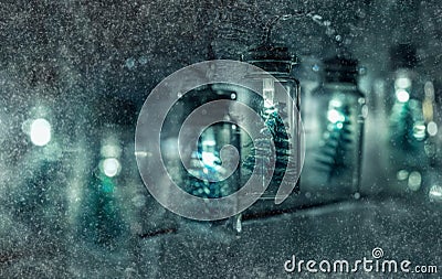 Christmas decoration electric garland cold-toned lights covered with hoarfrost. Christmas mood concept image Stock Photo