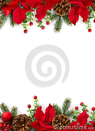 Christmas decoration. Frame of flowers of red poinsettia, branch christmas tree, ball, red berry on a white background Stock Photo