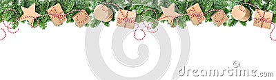 Christmas decoration gift boxes Pine branches border banner Stock Photo