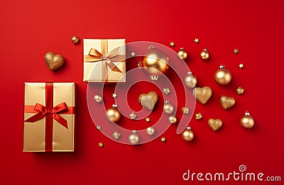 christmas decoration with gifts. flat lay view background with copy space Stock Photo