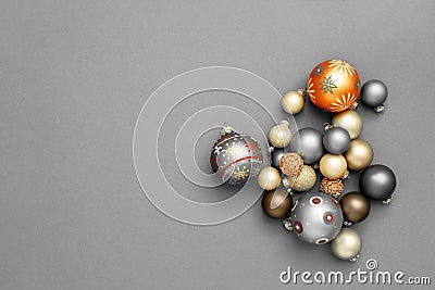 Christmas decoration glass balls on gray background Stock Photo