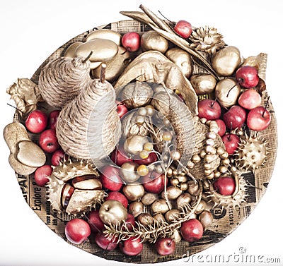 Christmas decoration with golden fruits Stock Photo
