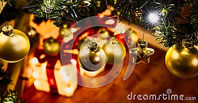 Christmas decoration with golden and red colored objects Stock Photo