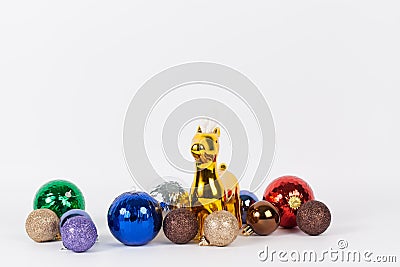Christmas decoration : Golden reindeer with luxary colorful ball Stock Photo