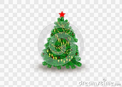 Christmas Decoration. Green branches of a Christmas tree on a background of wood. Vector Eps10 Vector Illustration