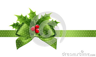 Christmas decoration with holly leaves and bow Vector Illustration