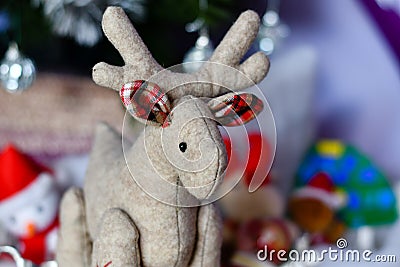 Christmas decoration with close up of Christmas deer and cones with snow Stock Photo