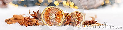 Christmas decoration orange fruit herbs baking bakery banner snow winter Stock Photo