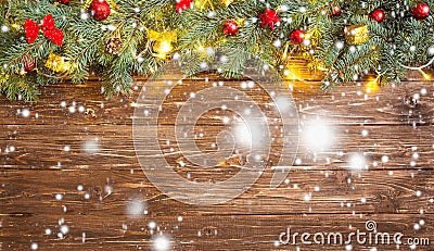 Christmas decoration over brown wooden background. Decorations over wood Stock Photo