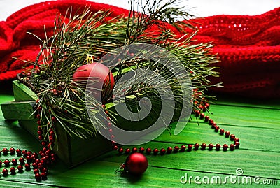 Christmas Decoration Over Wooden Background. Decorations over Wood. Vintage Stock Photo