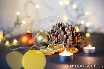 Christmas decoration, pinecone with christmas balls and candels Stock Photo