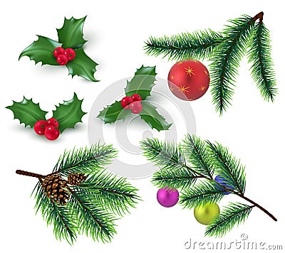 Christmas decoration. Realistic fir tree branches and red berries, holly leaves and christmas bauble. Winter holiday Vector Illustration