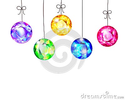 Christmas decoration with realistic precious gemstones and hand drawn string. Vector Illustration