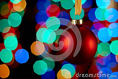 Christmas decoration, red ball, bokeh effect background. New year. Soft focus. Stock Photo