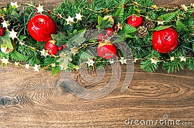 Christmas decoration red green gold over wooden background Stock Photo