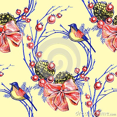 Christmas decoration, seamless patttern. Watercolor illustration on yellow background. Cartoon Illustration