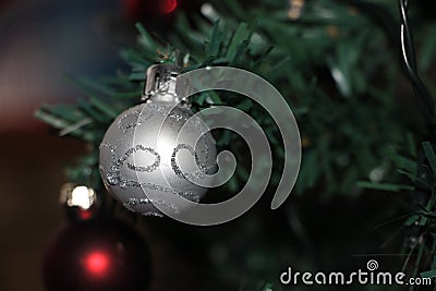 Christmas Decoration with Solver and Red Baubles into Fluffy Green Pine Branches closeup. Selective focus Stock Photo