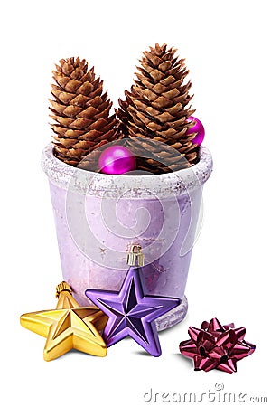 Christmas decoration (stars,pine cone, baubles, old pot) isolat Stock Photo