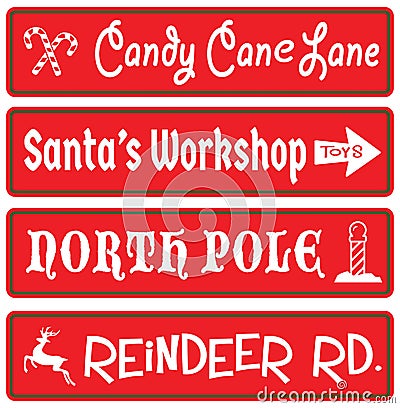 Christmas Decoration Street Signs Candy Cane Santas Workshop North Pole Reindeer Rudolf Stock Photo
