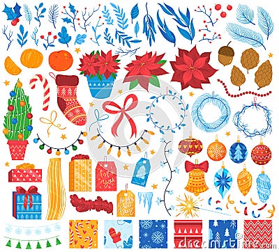 Christmas decoration symbols New Year design icons cartoon vector illustration isolated on white. Plants, balls, ribbons Vector Illustration