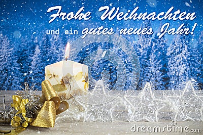 Christmas decoration with text in German `Frohe Weihnachten und ein gutes neues Jahr` Stock Photo