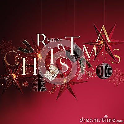 Christmas decoration with text on red background. Creative Merry Christmas greeting card design. Stock Photo