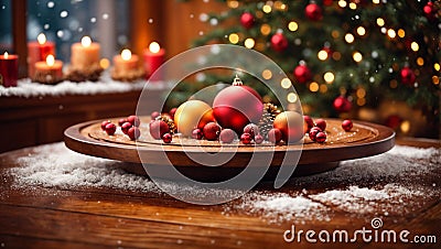 Christmas decoration on wooden table in room with christmas tree and fireplace Stock Photo