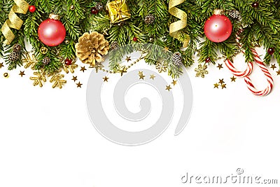 Christmas Decorations border isolated on white background Stock Photo