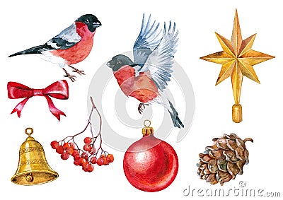 Christmas decorations and bullfinches watercolor on white background. Stock Photo