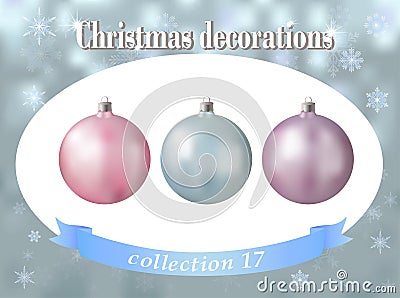 Christmas decorations. Collection of light blue, pink and lilac Vector Illustration