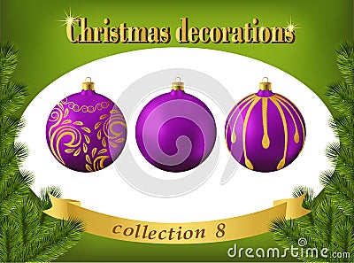 Christmas decorations. Collection of violet glass balls Vector Illustration