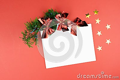 Christmas decorations. Copy space.Color of the year 2019 - Living Coral Stock Photo