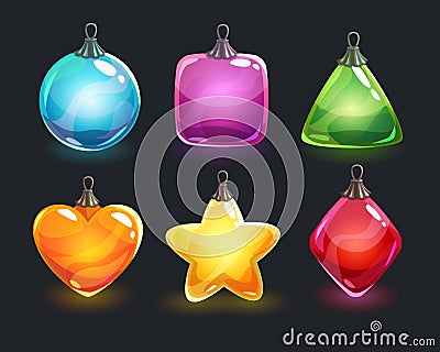 Christmas decorations. Festive colorful glossy New Year shiny toys. Vector Illustration