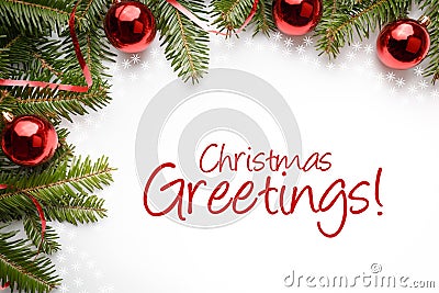 Christmas decorations with the greeting `Christmas Greetings!` Stock Photo