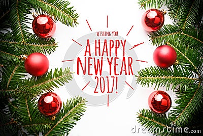 Christmas decorations with the greeting `Wishing you a happy new year 2017!` Stock Photo