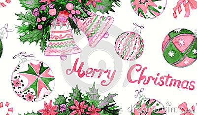 Christmas decorations and greetings, pink and green colors palette, hand painted watercolor illustration, seamless pattern design Cartoon Illustration