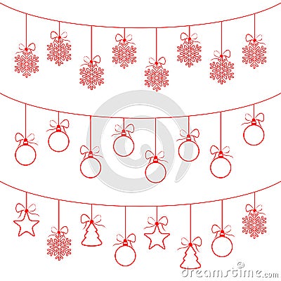 Christmas decorations hanging. Christmas chains with snowflakes, balls, trees and stars Vector Illustration