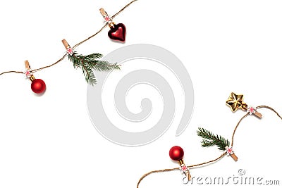 Christmas decorations hanging on rope isolated on white Stock Photo