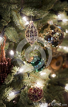 Christmas decorations hanging on a tree. Stock Photo