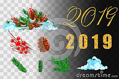 Christmas decorations. Holly, spruce, red berries, christmas bauble, conifer cone. Gold 2019 text. Snowy elements on winter backgr Stock Photo