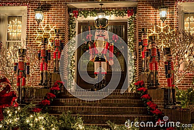 Christmas decorations of houses in the neighborhood of Dyker Heights, in southwest of Brooklyn, in New York. USA Editorial Stock Photo