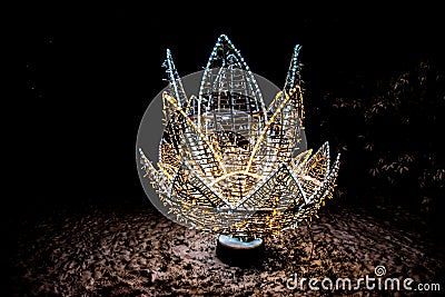 Christmas decorations with lights on a black background outside Stock Photo
